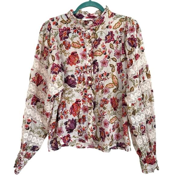 House of Harlow 1960 Floral Lace Boho Button Down Balloon Sleeve Blouse - Picture 1 of 7